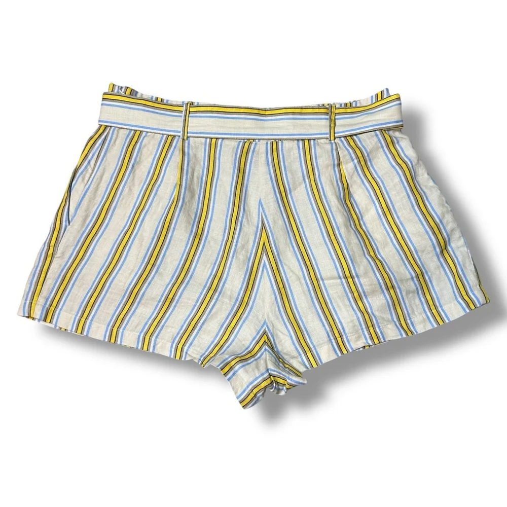 Meave Anthropologie Linen Stripe Pleated Belted Shorts Ecru Yellow Size 14